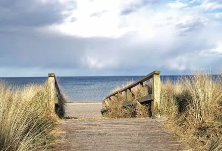 Rustikaler alter Weg aus Holz zum Ostsee-Strand mit Dünen an den Seiten un der ruhigen Ostsee im Hintergrund