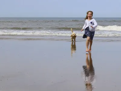 Kleines Mädchen tobt mit ihrem Hund am Ostseestrand